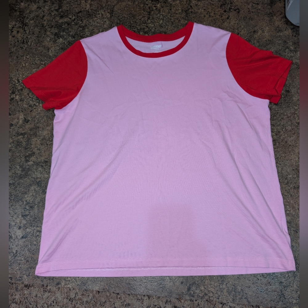 Lands' End Pink Tee with Red Trim Sz. Large 14-16